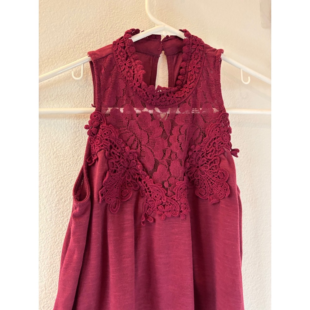 Dark Red Lace Crochet High‎ Neck Sleeveless Top Boho Keyhole Back Maroon Tank